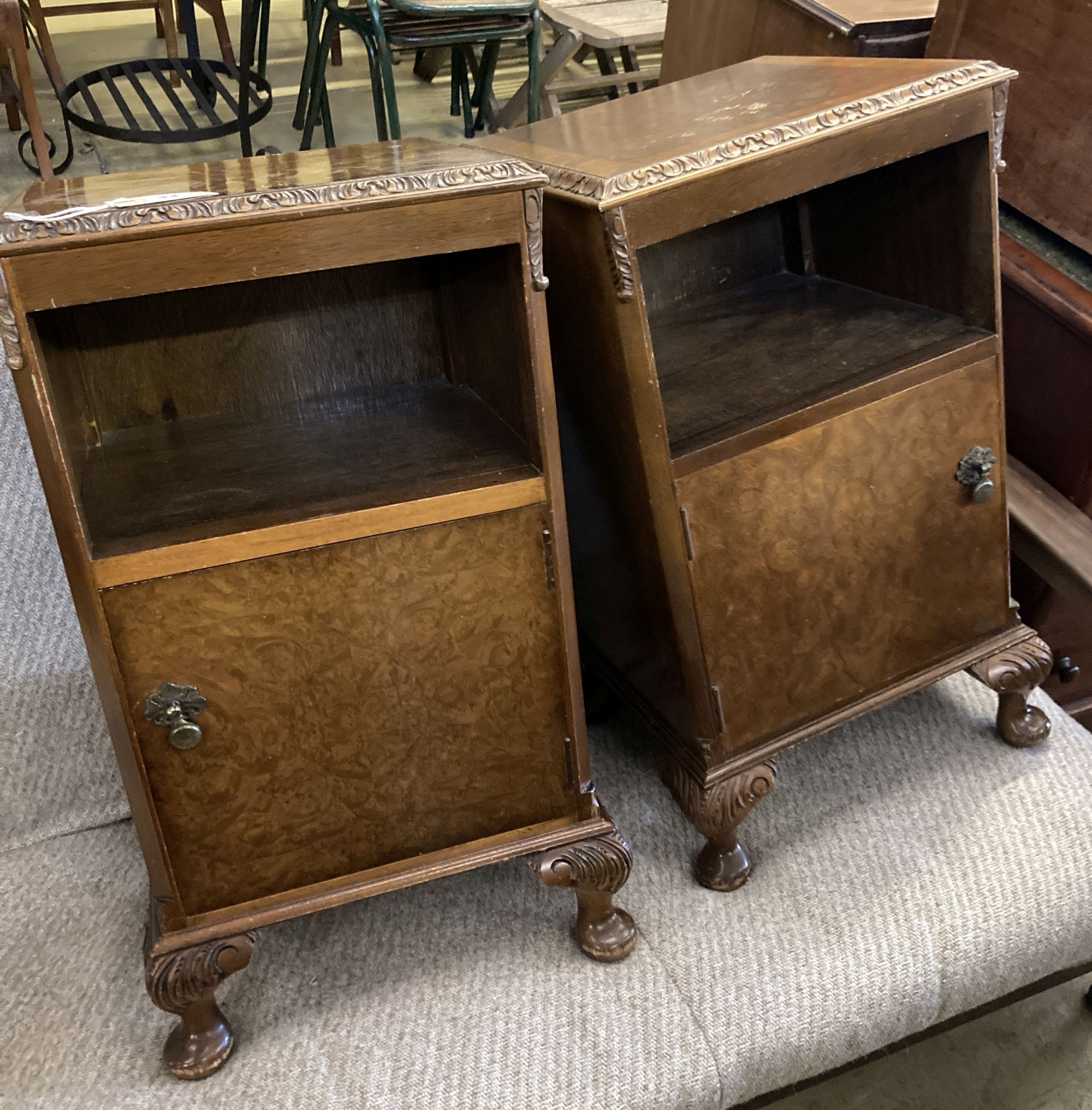 A pair of Queen Anne revival walnut bedside cabinets, width 43cm, depth 39cm, height 70cm